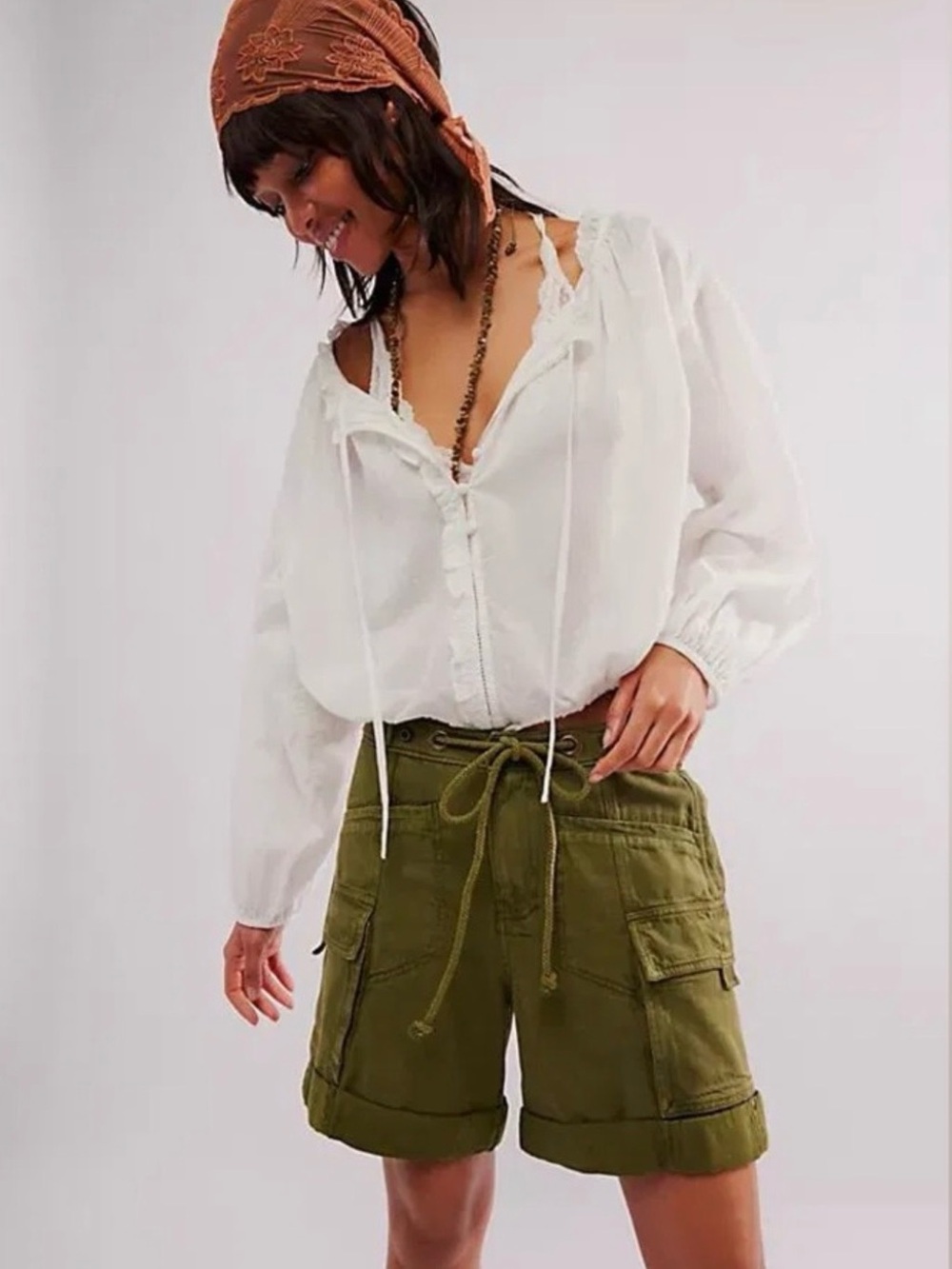 Free People Frankie Washed Cargo Shorts Olive Green Utility Top Trending NWT XS